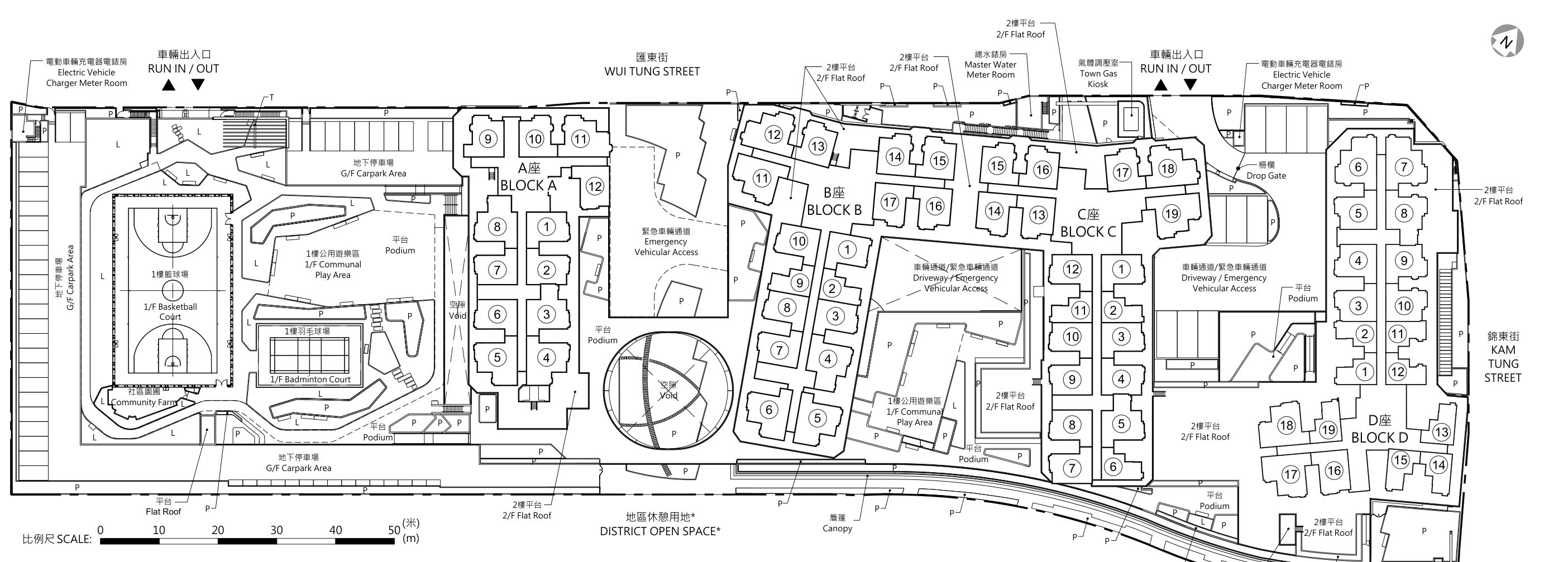 裕豐苑發展項目布局圖：A、B、C、D 座由左至右排列，上方為匯東街