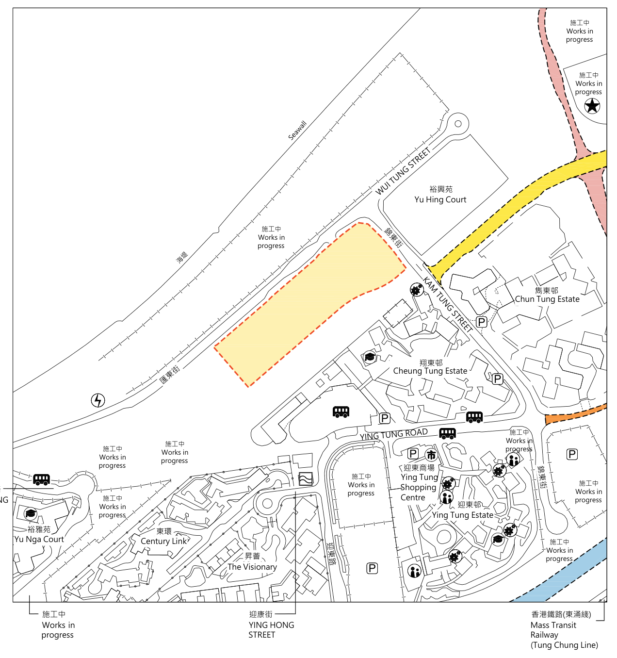 參考圖：裕豐苑四周標示多幅施工中的工程用地，西北面為匯東街及海堤